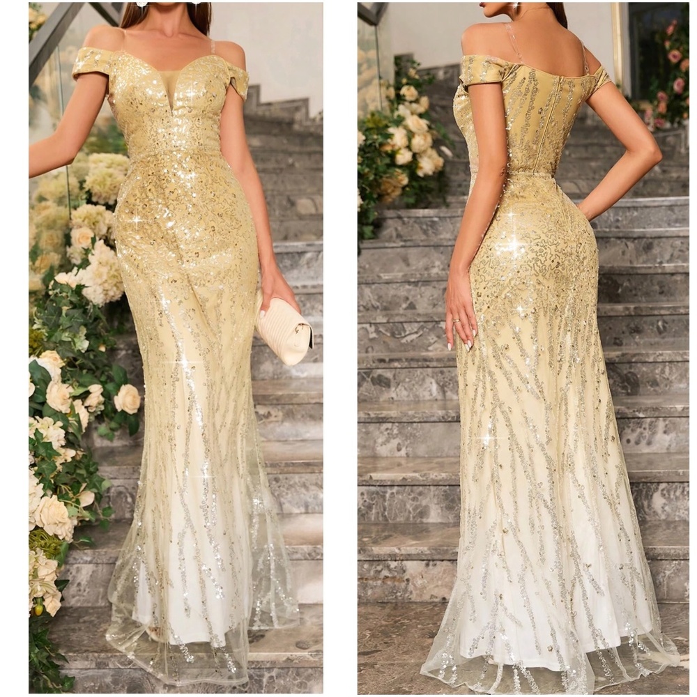 Ombre Sequin Off Shoulder Bodycon Party Formal Prom Wedding Dress - Picture 4 of 9